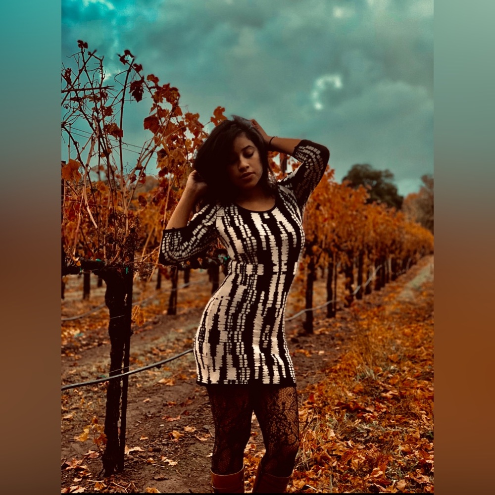 Selling this beautiful black and white print sweater dress